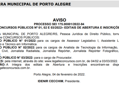 Câmara de Vereadores de Porto Alegre – Saiu o edital Taquígrafo I