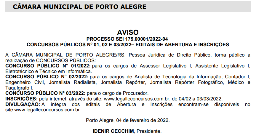 Câmara de Vereadores de Porto Alegre – Saiu o edital Taquígrafo I